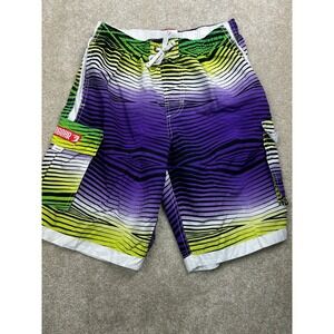 Ingear Striped Cargo Board Shorts XL Purple Green Swim Trunks Surf Y2K Skate